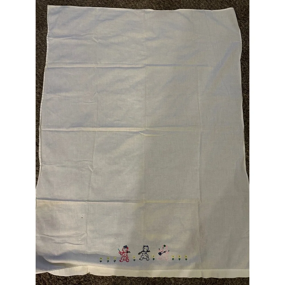 Vintage Hand Embroidered Baby Crib Flat Sheet‎ –Bear Band Parade 31